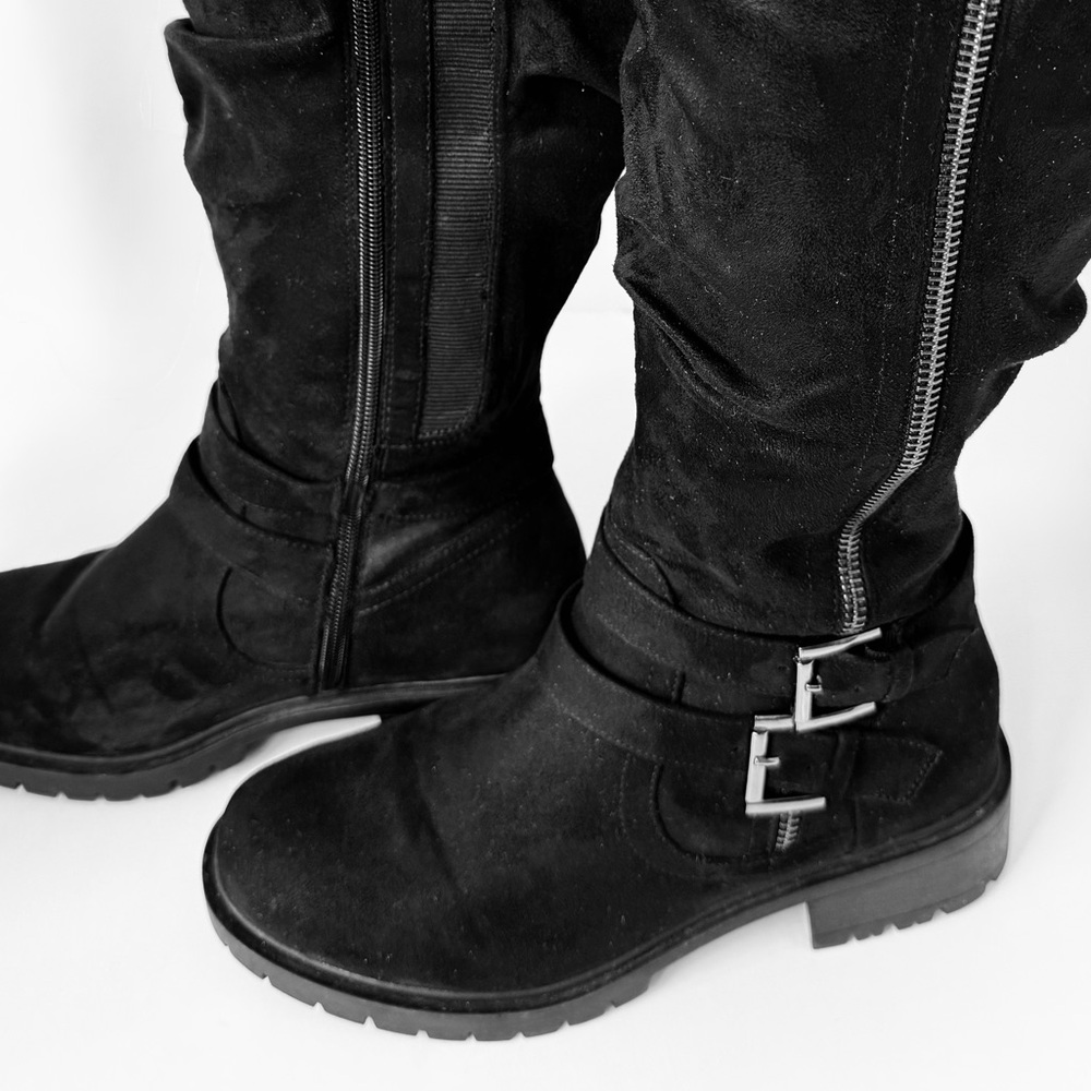 Luoika Women's Black Faux Suede Large Calf Moto Style Boots with Side Buckles